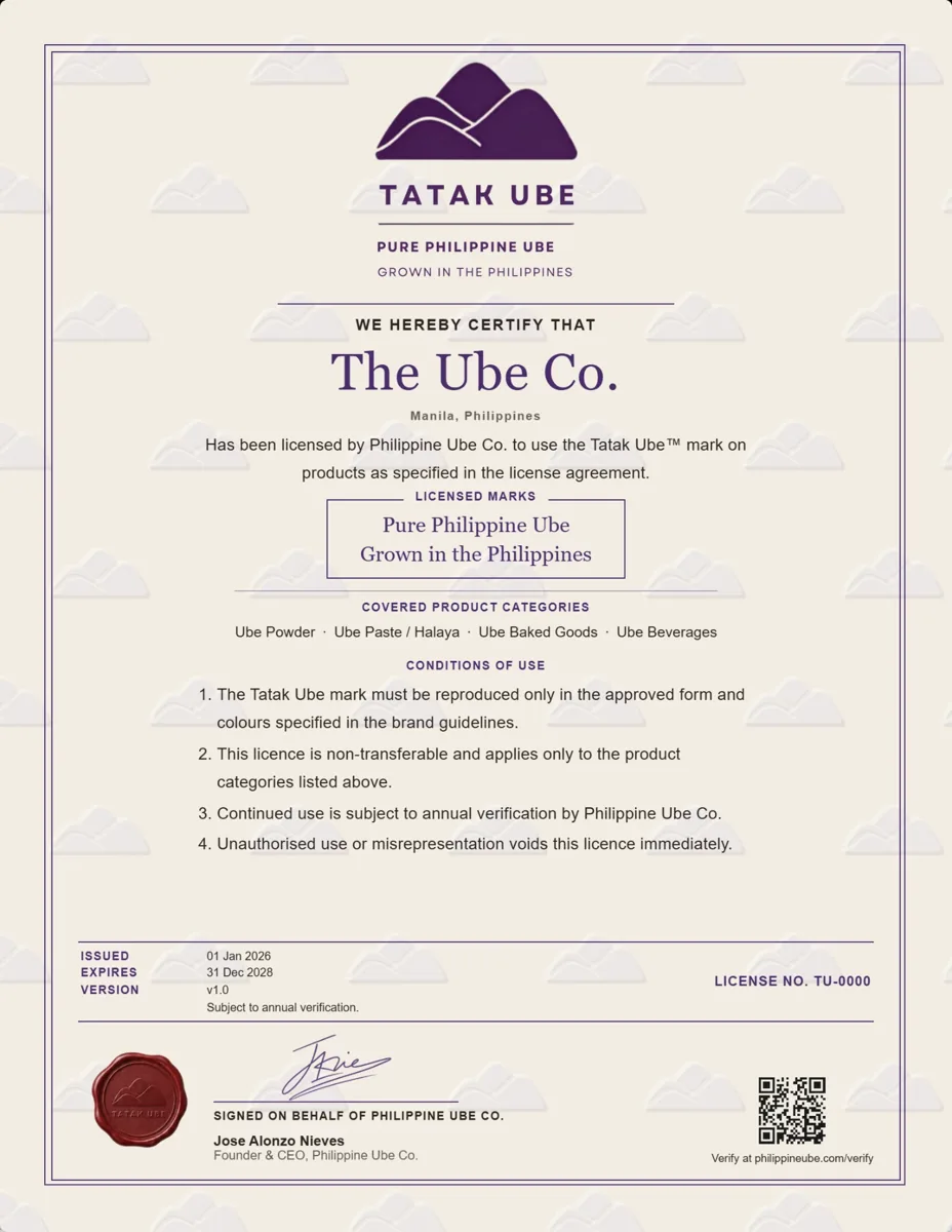 Sample Tatak Ube license certificate for The Ube Co., showing the mountain mark, certification text, signature, seal and license number