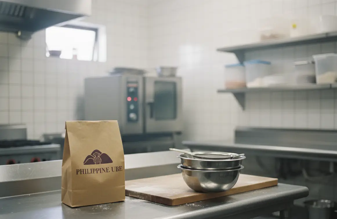 Philippine Ube powder bag in a professional kitchen alongside mixing bowls