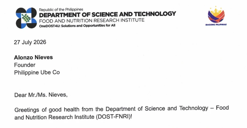 DOST-FNRI's official letter to Philippine Ube Co., dated 27 July 2026, responding to a written data request