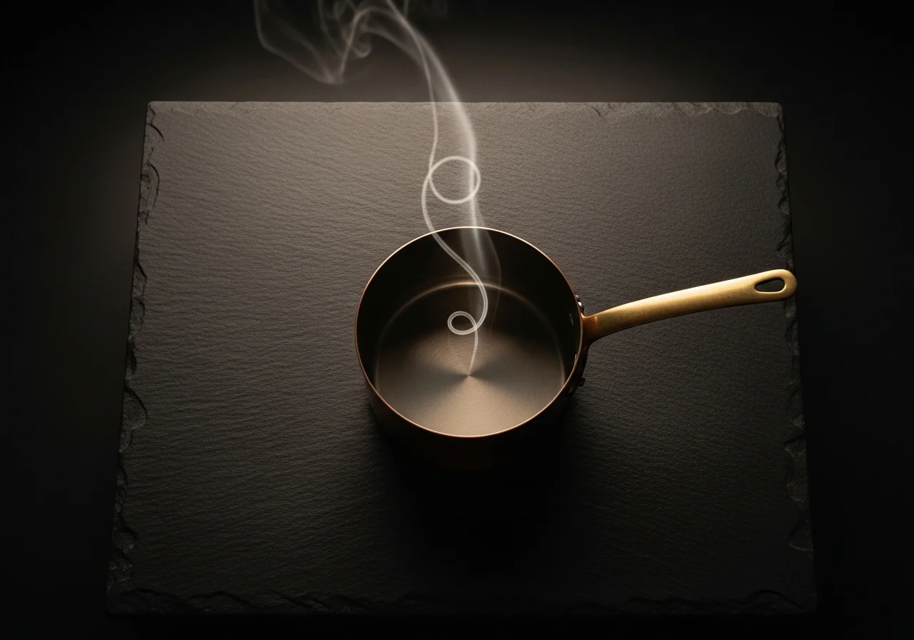 Overhead view of a copper pot on a dark stone surface with a curl of steam rising