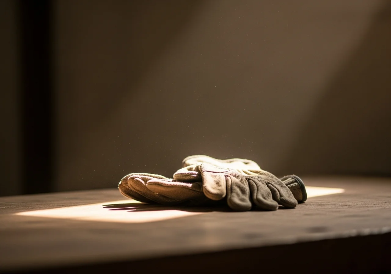 A pair of worn canvas work gloves resting on a wooden workbench in soft morning light