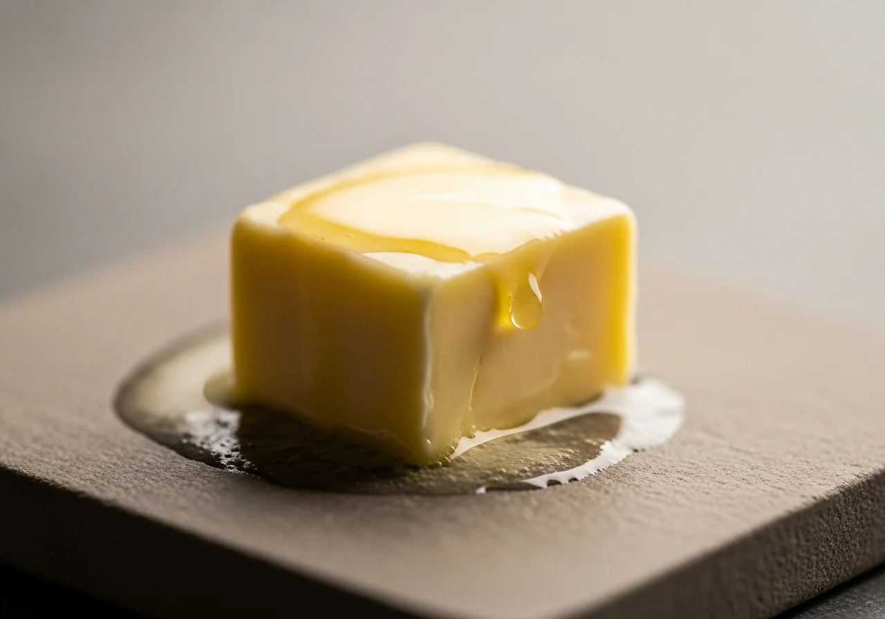 Close-up of a pat of butter slowly melting on a warm stone slab