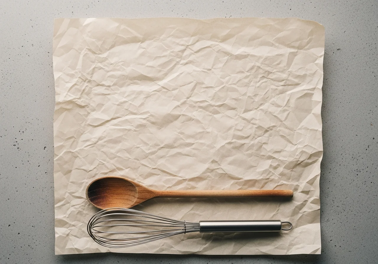 Minimalist flat-lay of a wooden spoon and whisk on crumpled parchment paper