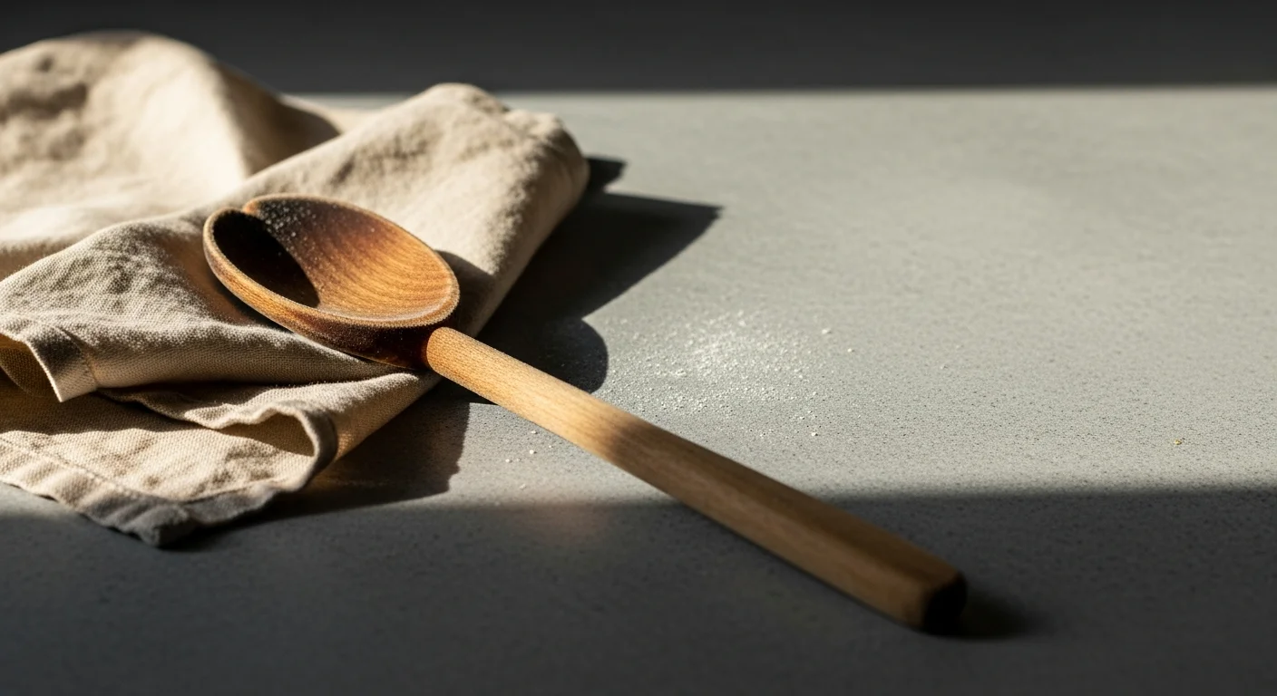 A wooden spoon resting on a linen napkin dusted with flour on a stone countertop