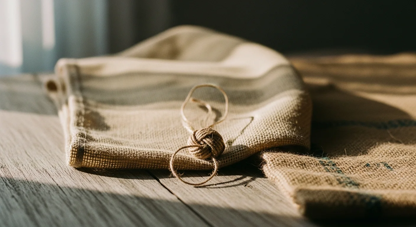 Woven abaca and jute textile tied with twine on a weathered wooden surface — an editorial composition evoking Philippine origin and craft