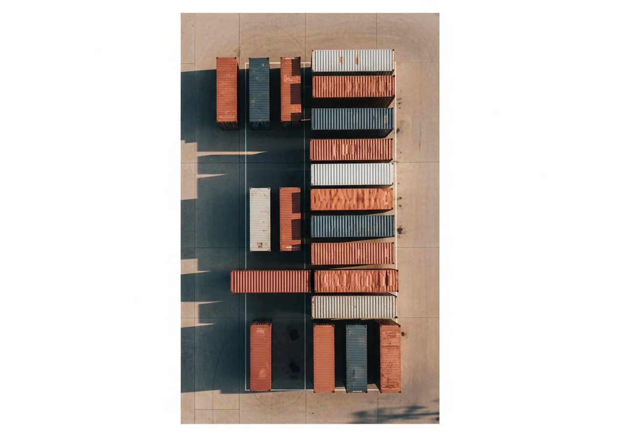 Overhead view of shipping containers arranged in an abstract grid — an editorial composition on global logistics