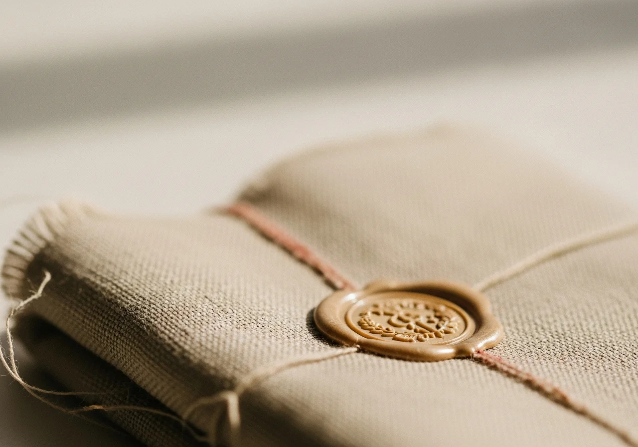 Macro photograph of a wax seal on a folded linen textile — an editorial still life evoking documentation and provenance