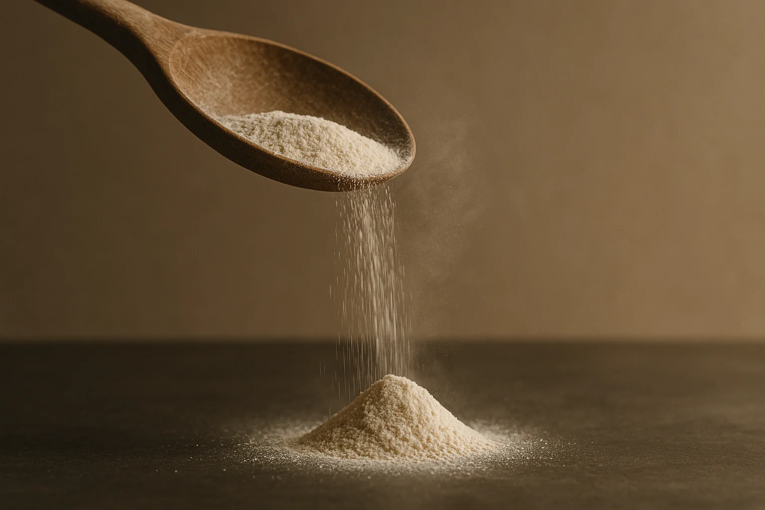 Fine pale powder sifting from a wooden spoon in soft light, evoking how gentle low-heat processing preserves ube's natural vanilla and nut aroma