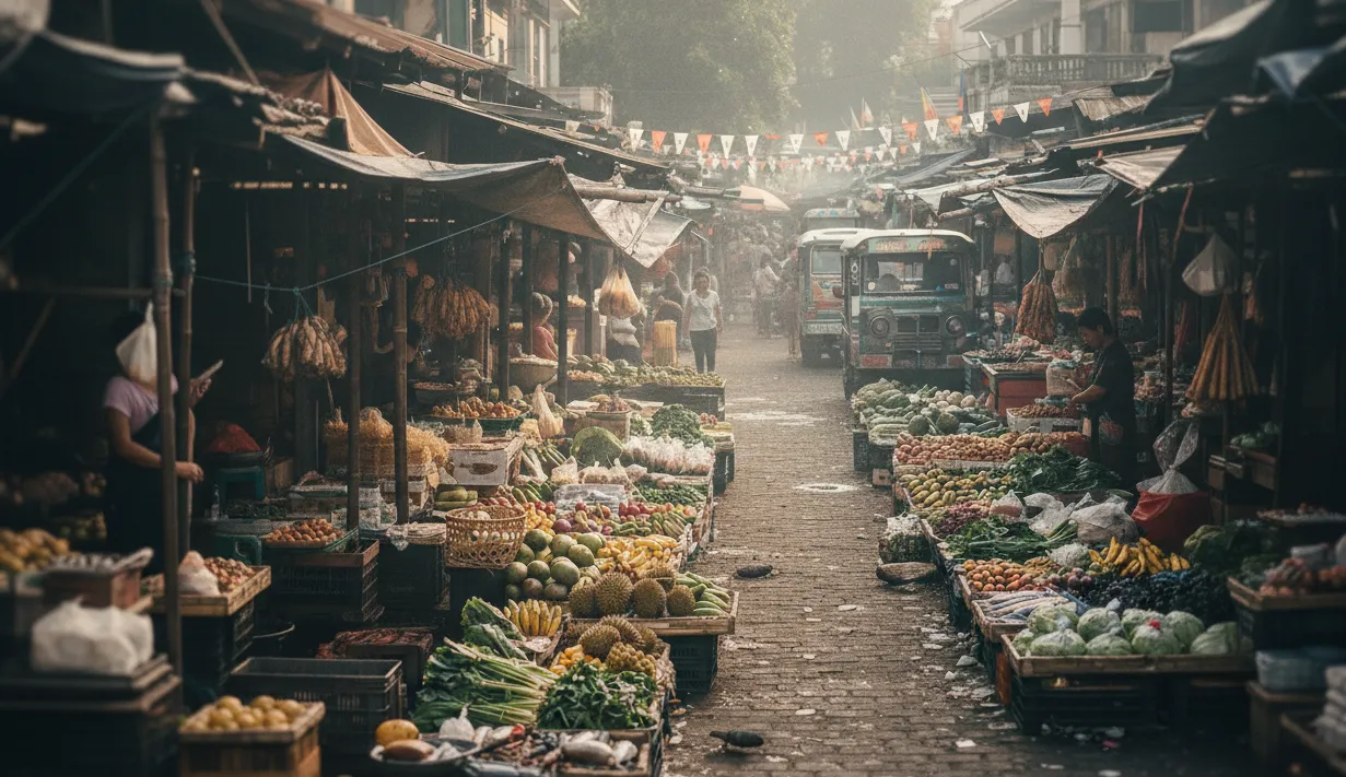 Traditional Filipino wet market with fresh produce stalls, representing the informal sourcing channels for Philippine ube