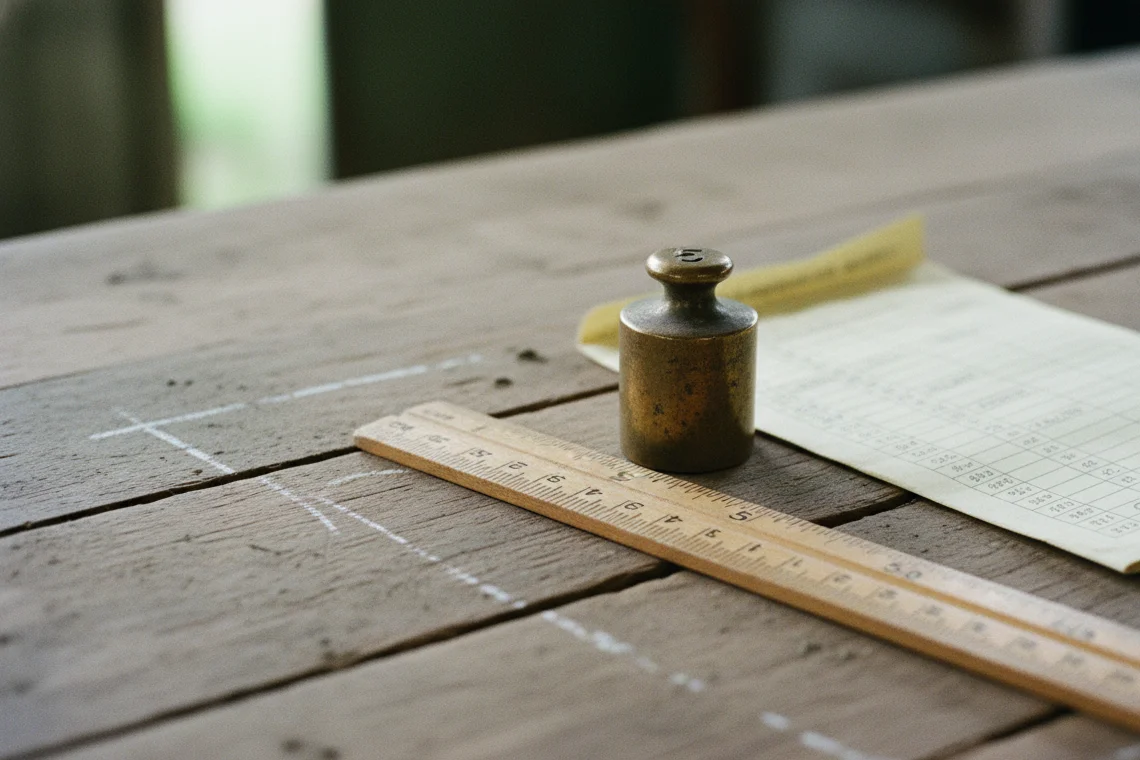 Brass calibration weight and wooden ruler on a rustic table, symbolizing Philippine ube quality grading standards