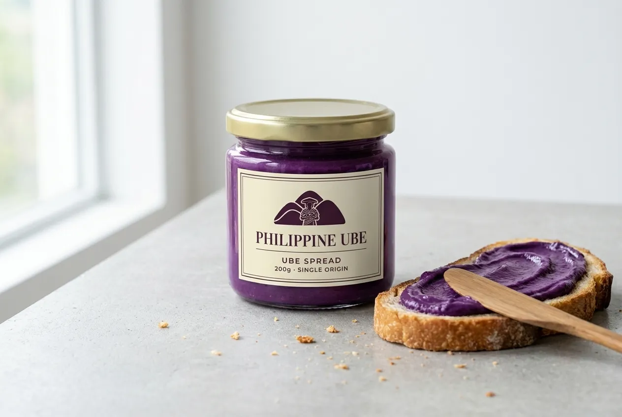 Philippine ube spread (ube halaya) jar with purple ube spread on toast