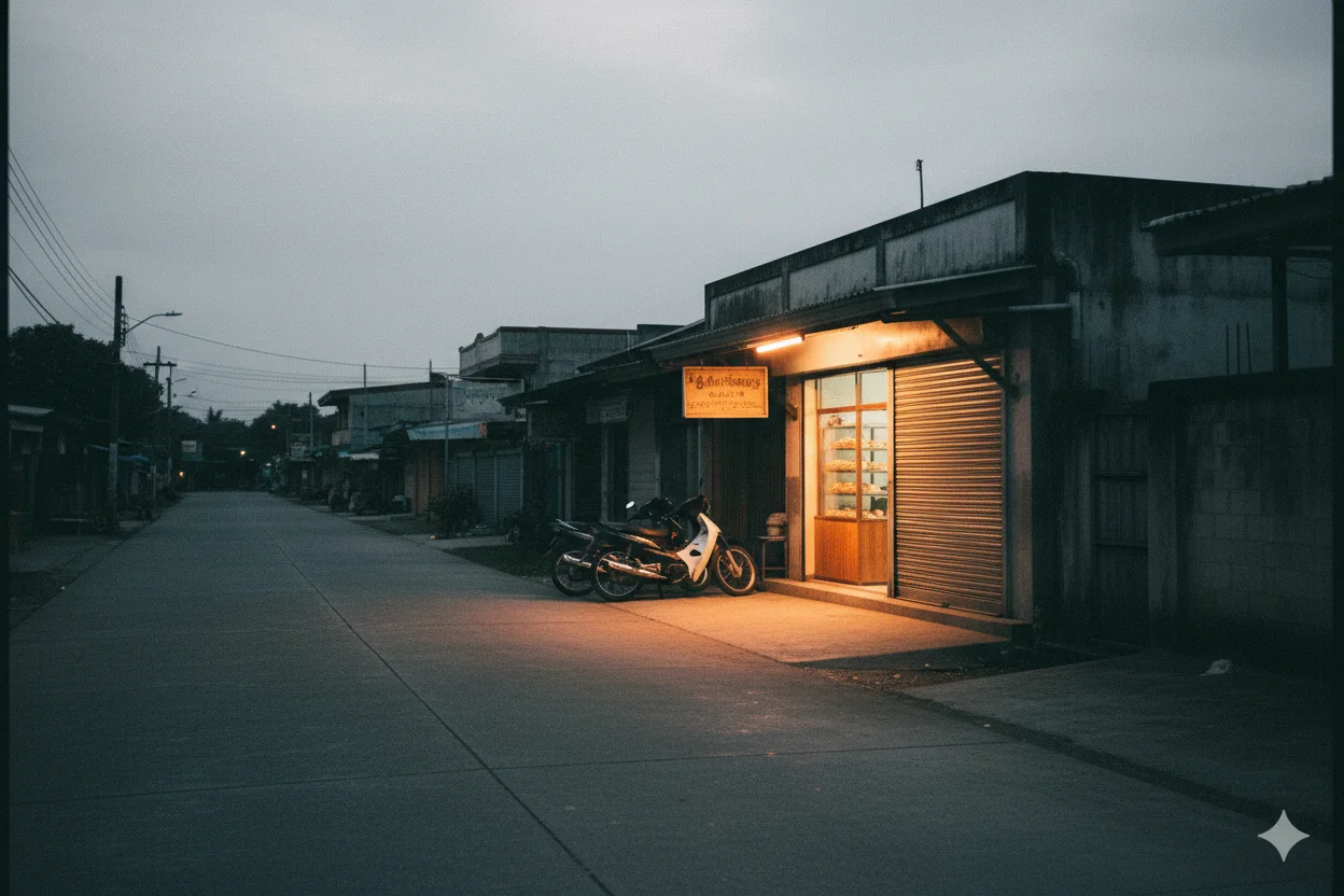 Small Filipino bakery lit up at dusk on a quiet provincial street, where ube pandesal became a pandemic sensation